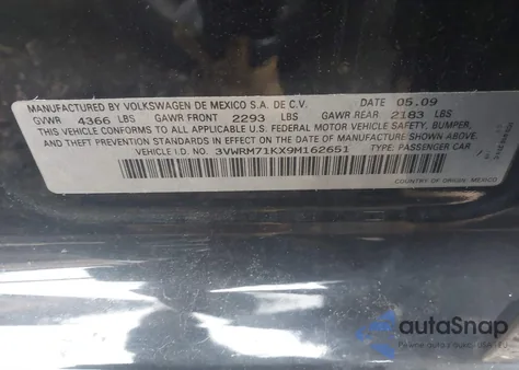 2009 Volkswagen Jetta Se из США, поврежденный, VIN 3VWRM71KX9M162651